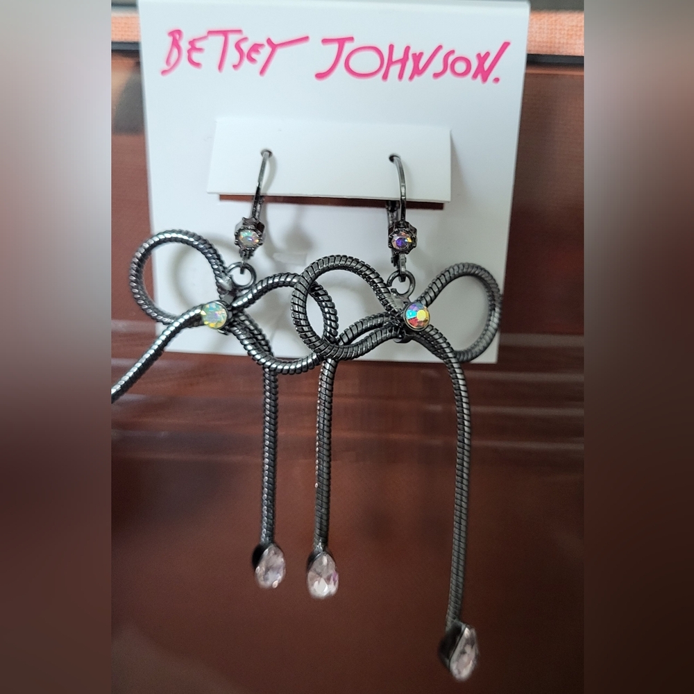 Betsey Johnson Gunmetal Bow Drop Earrings with Aurora Crystals - Picture 2 of 3